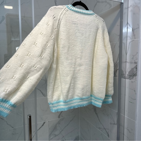 Hand Knit Oversized White Vneck Varsity Style Sweater - Picture 4 of 7